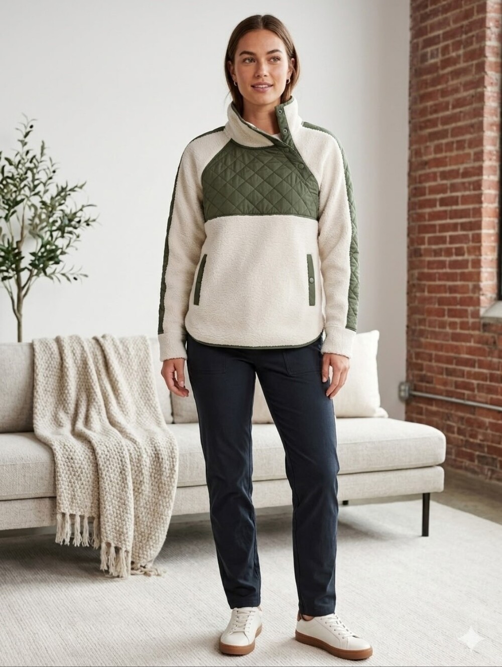 Abercrombie & Fitch Sherpa Feece Pullover Green Quilted Gorpcore Outdoor Size S